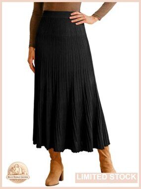 Wool Blend High Rise A-Line Pleated Flowy Midi Skirt